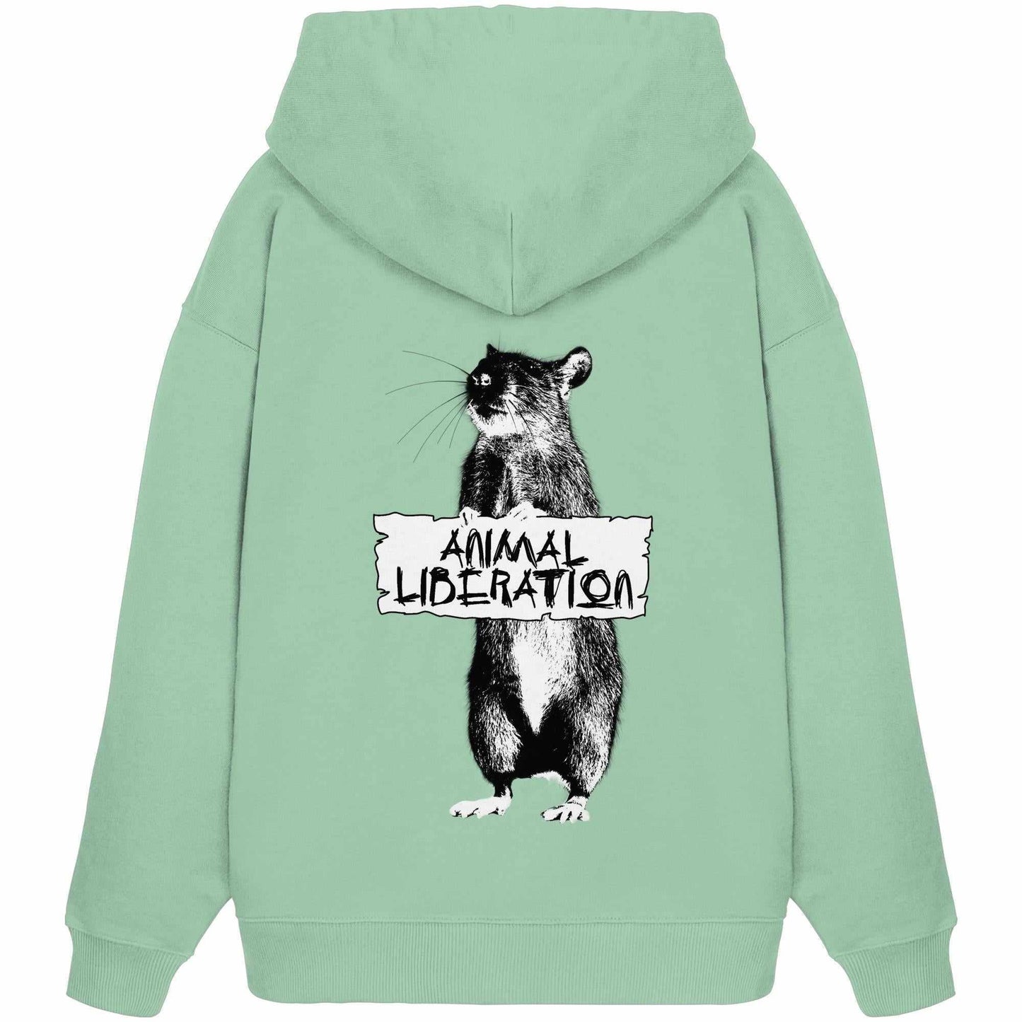 Vegan und Bio Oversized Hoodie mit digitaler Collage eines Tieres, inspiriert von Banksy, auf grüner Kapuze, aus 100% Bio-Baumwolle, von RUDE REBEL.