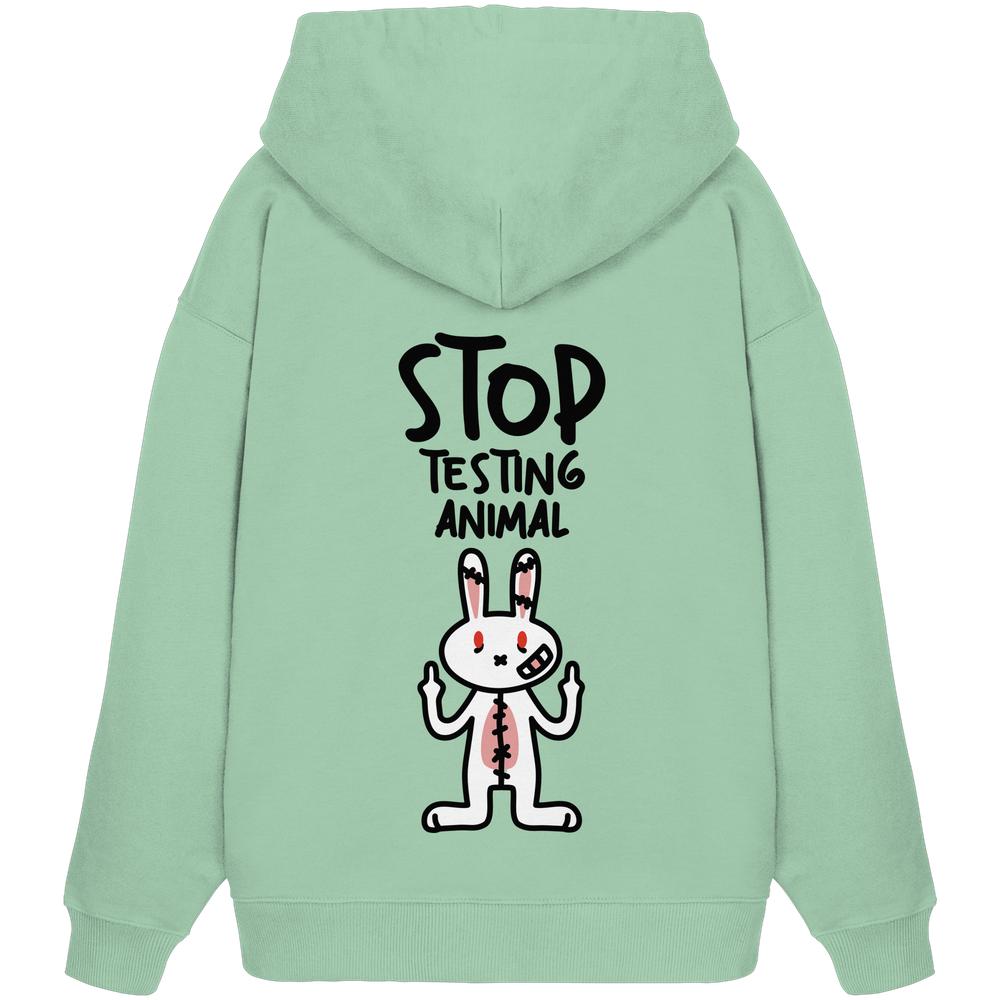 Vegan und Bio Oversized Hoodie: Angry Rabbit - Animal Rights zeigt wütendes Cartoon-Kaninchen gegen Tierversuche, gedruckt auf einem mintgrünen Kapuzenpullover aus 100% Bio-Baumwolle.