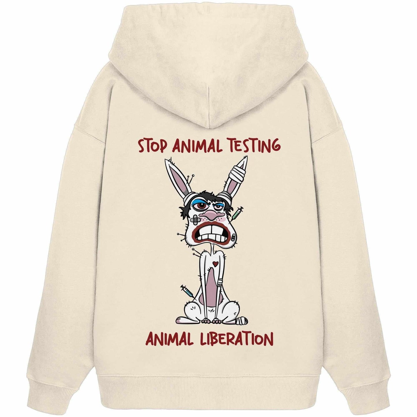 Vegan und Bio Oversized Hoodie mit Cartoon-Hasenmotiv, das auf Tierversuche aufmerksam macht. Nachhaltiges Design von RUDE REBEL, 100% Bio-Baumwolle.