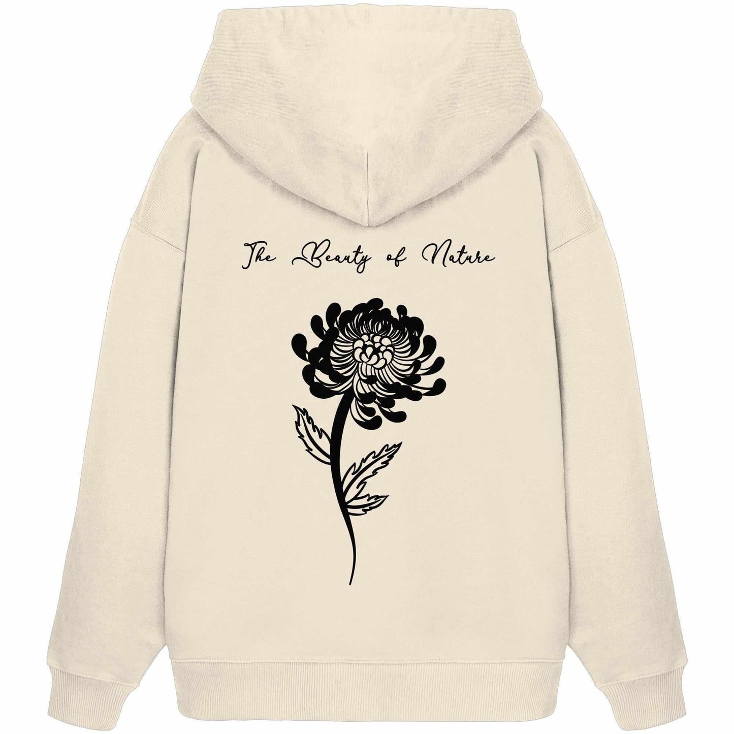 Vegan und Bio Oversized Hoodie: Chrysantheme - The Beauty of Nature, weiß mit schwarzem Blumenmotiv, Naturschutz-Design, 100% Bio-Baumwolle, Kängurutasche, Kapuze.