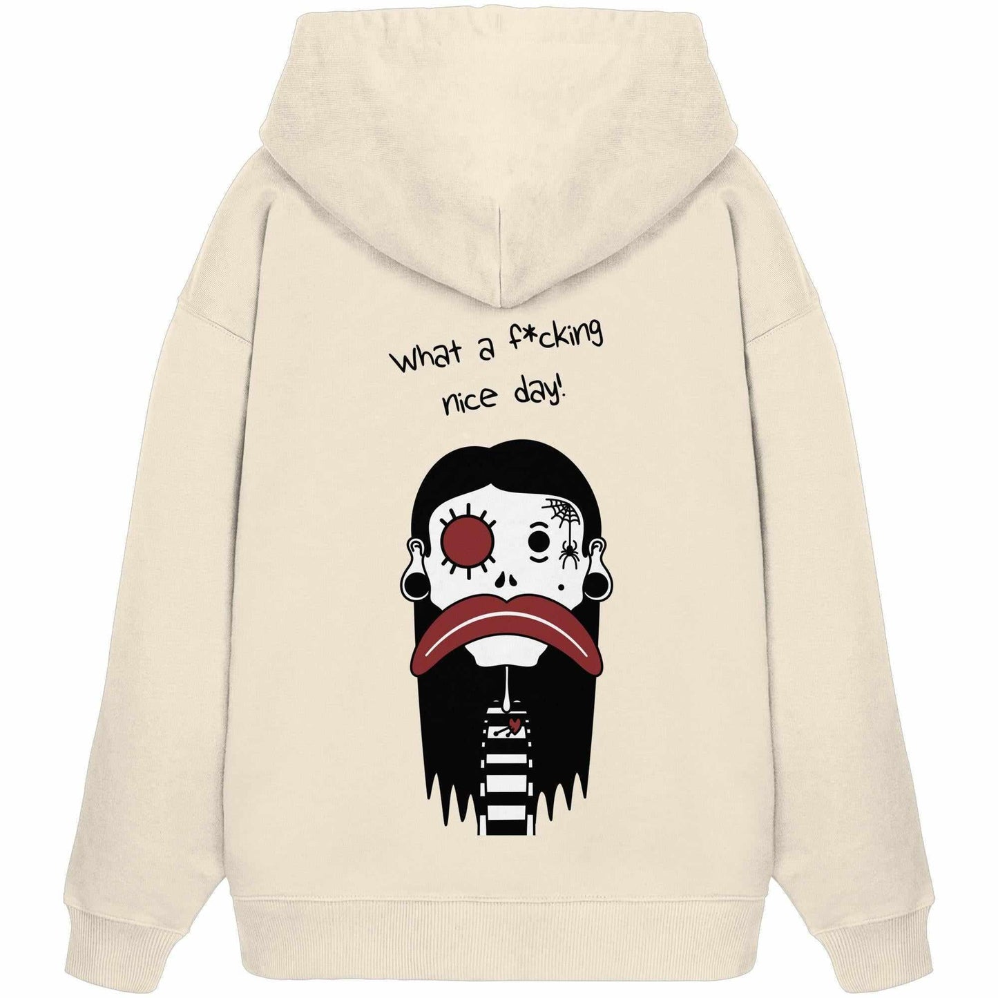 Vegan und Bio Oversized Hoodie: Mental health – Bad Day, weiß mit Cartoon-Frau, roter Zunge und Nase, aus 100% Bio-Baumwolle, Kapuze, Kängurutasche, rebellisches Design.