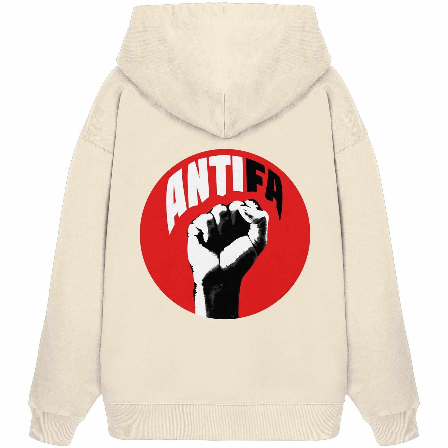 Vegan und Bio Oversized Hoodie mit rotem Kreis und erhobener Faust-Logo, symbolisiert antifaschistischen Widerstand. Hergestellt aus 100% Bio-Baumwolle.