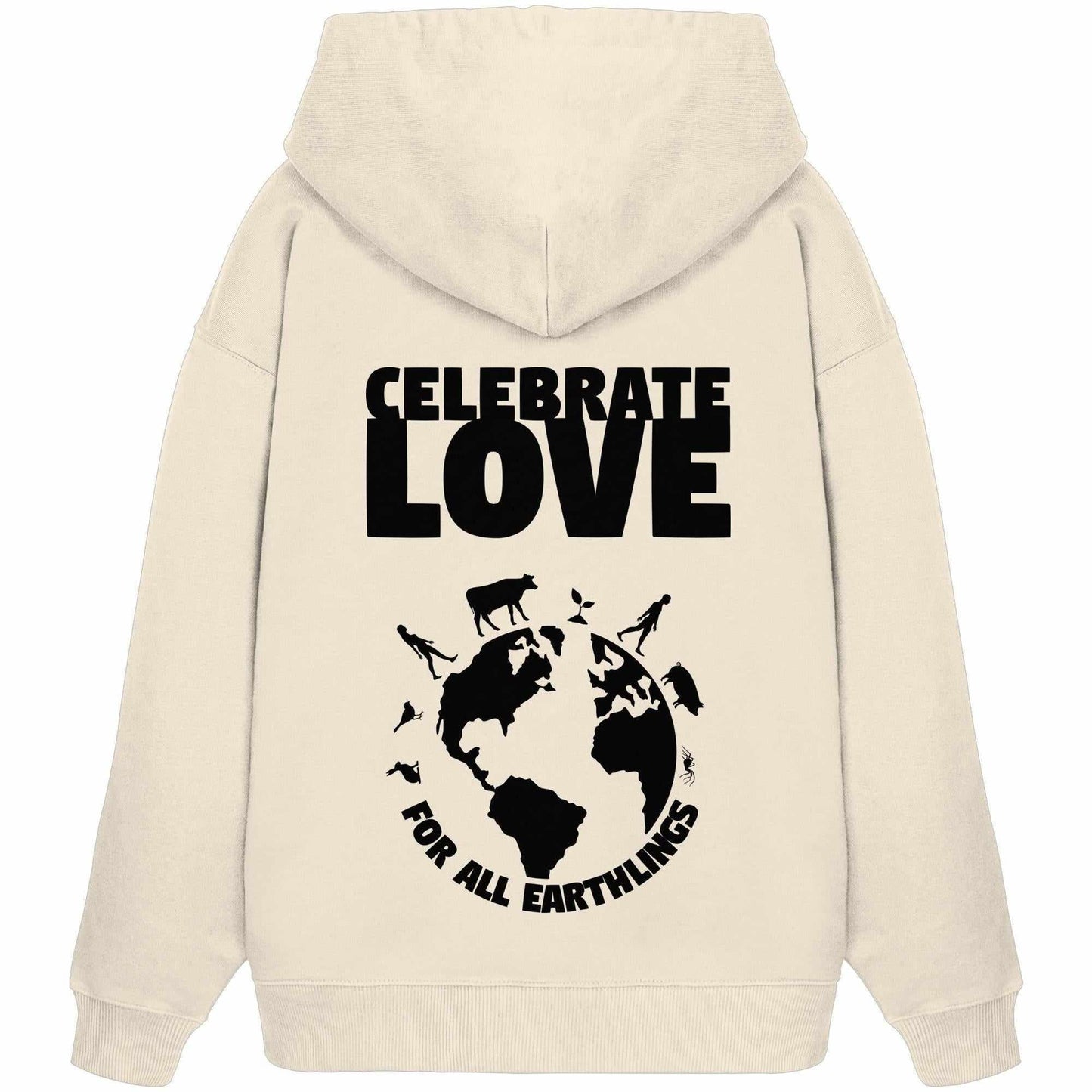 Vegan und Bio Oversized Hoodie mit schwarzem Text und Tiersilhouetten, liebevoll gestaltet für Erdlinge.