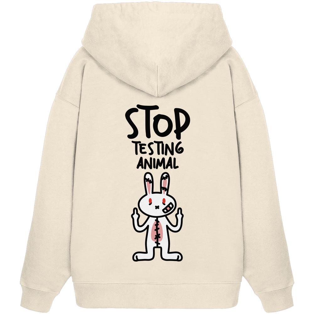Vegan und Bio Oversized Hoodie: Angry Rabbit - Animal Rights, zeigt ein rebellisches Kaninchenmotiv gegen Tierversuche mit STOP TESTING ANIMAL-Slogan auf der Rückseite.
