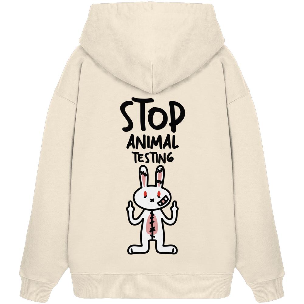Beiger Oversize-Hoodie mit Kapuze und Aufdruck „STOP ANIMAL TESTING“ mit Kaninchen