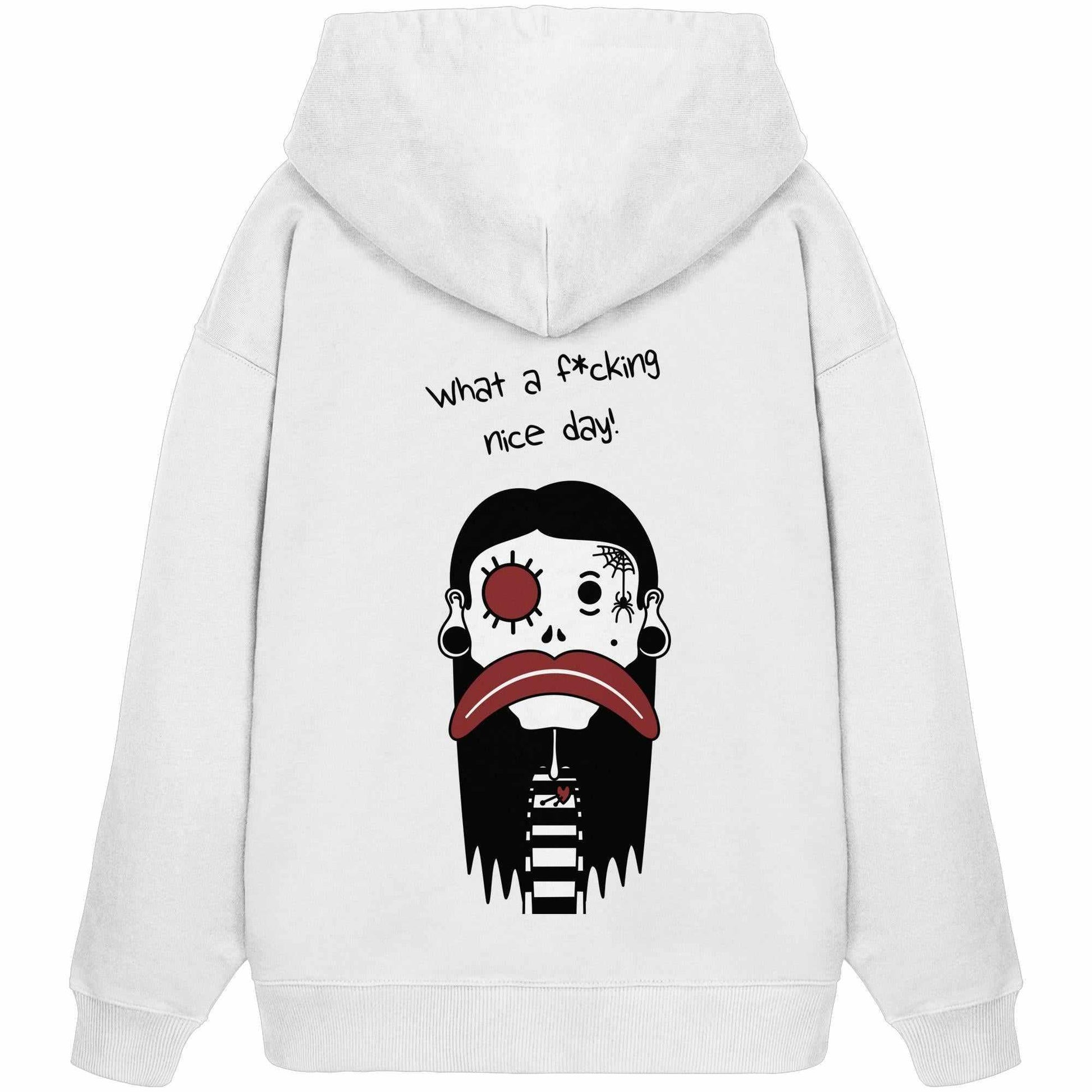 Vegan und Bio Oversized Hoodie mit Cartoon-Charakter, inspiriert von Emo und Clockwork Orange, aus 100% Bio-Baumwolle, mit Kapuze und Kängurutasche.