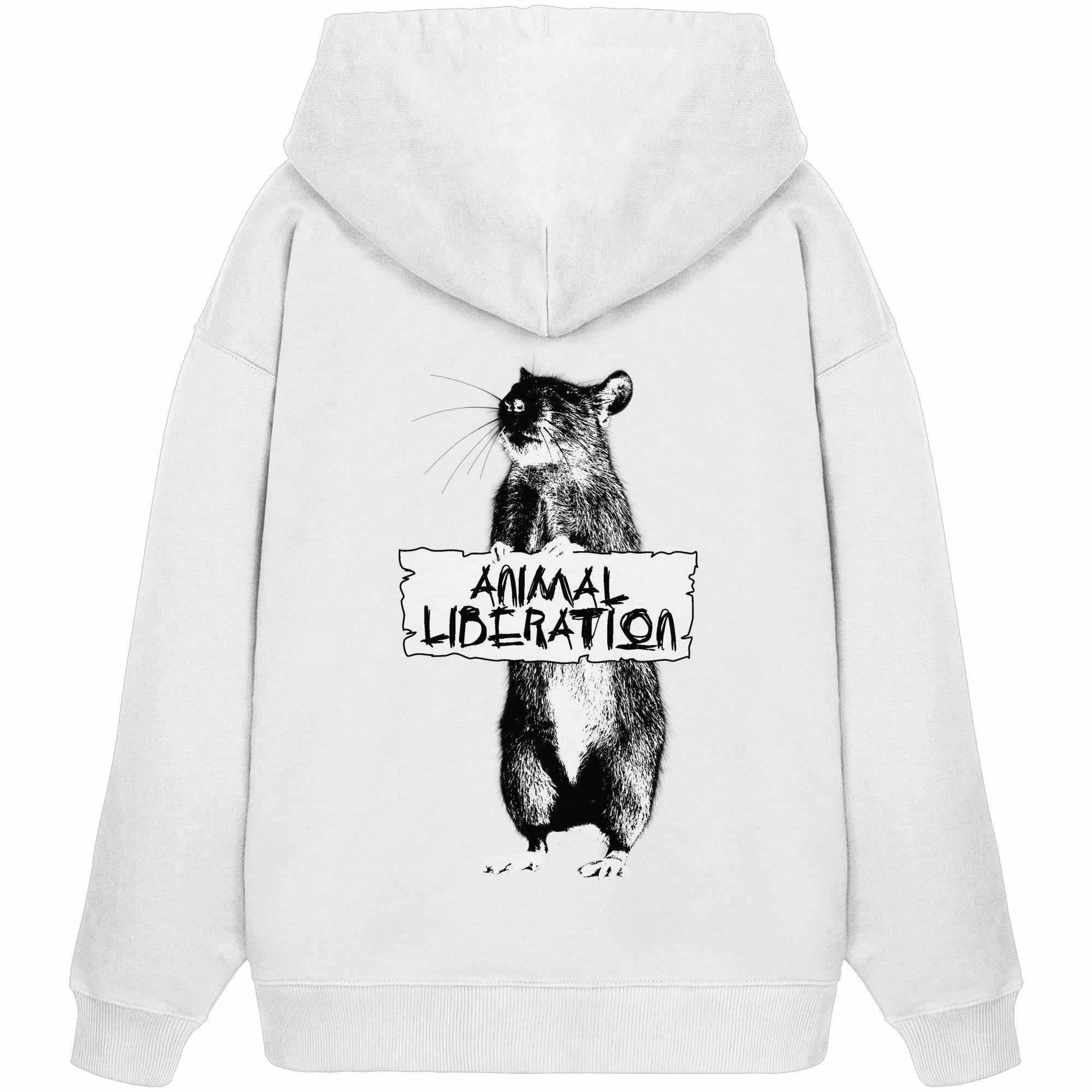 Vegan und Bio Oversized Hoodie: Rat for Animal Liberation, weiß mit Katzenmotiv, aus 100% Bio-Baumwolle, inspiriert von Banksy's Street Art, oversized Schnitt, Kängurutasche.