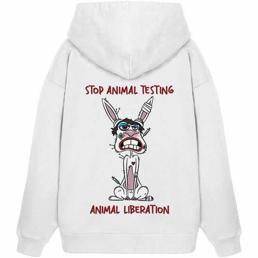 Vegan und Bio Oversized Hoodie mit Cartoon-Häschen und Spritze, thematisiert Tierschutz, aus 100% Bio-Baumwolle, rebellisches Design von RUDE REBEL.