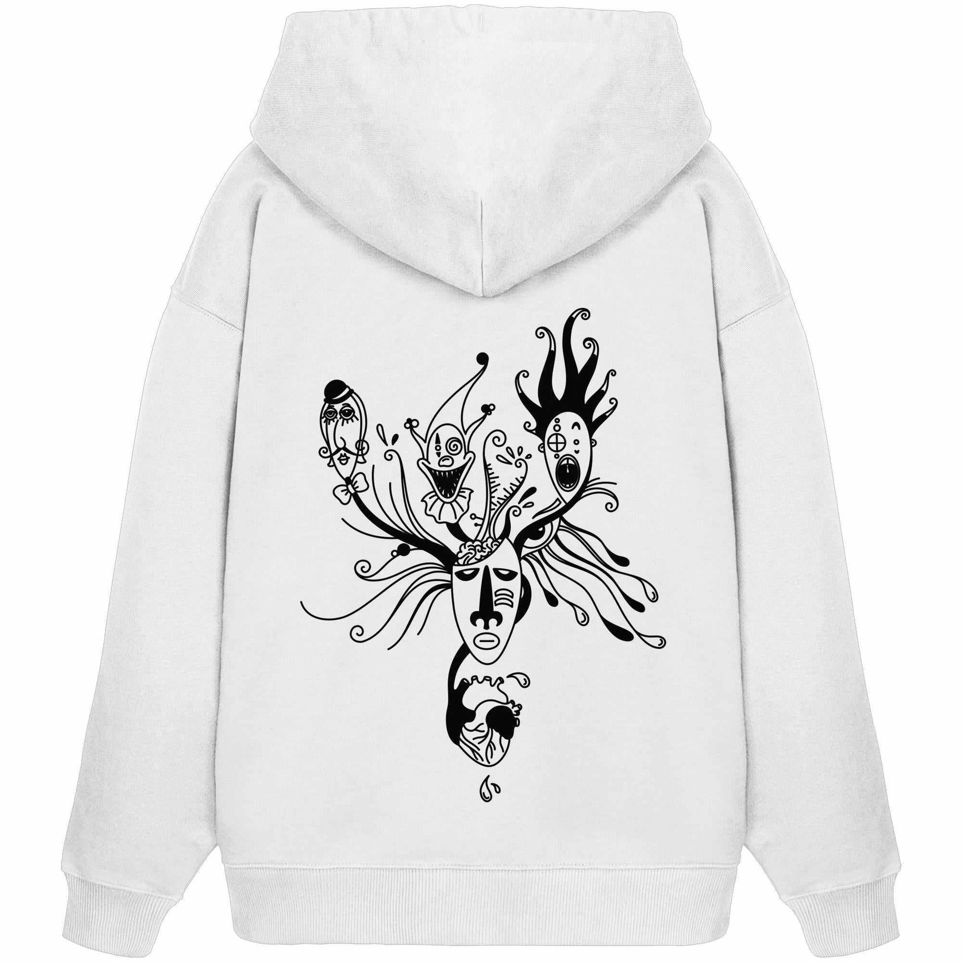 Vegan und Bio Oversized Hoodie mit schwarzem Gesichtsmotiv, reflektiert Fragen der Mental Health. Aus Bio-Baumwolle, mit Kängurutasche und Kapuze.