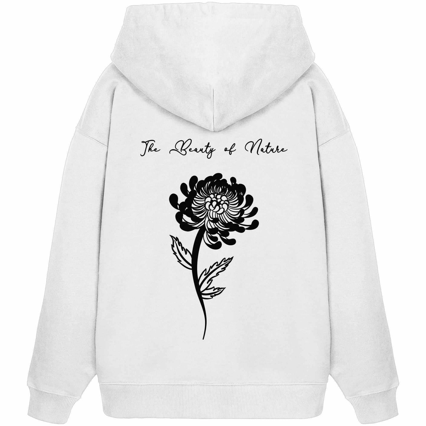 Vegan und Bio Oversized Hoodie: Chrysantheme, zeigt eine schwarze Blume auf weißem Stoff, aus 100% Bio-Baumwolle, passend für nachhaltige Mode von RUDE REBEL.