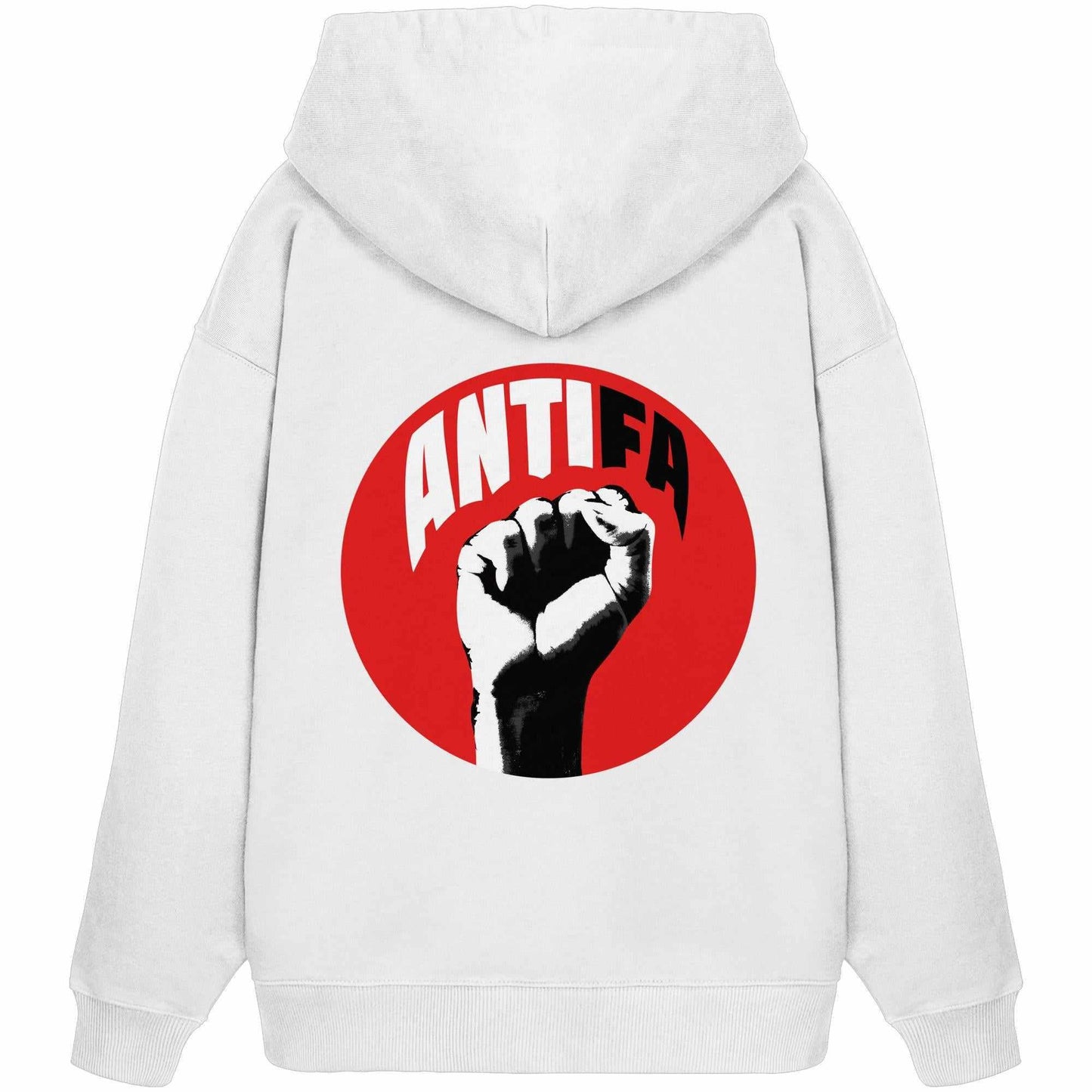 Vegan und Bio Oversized Hoodie mit kämpferischem Antifa-Design, zeigt roten Kreis und Faust. Hergestellt aus 100% Bio-Baumwolle, betont demokratische Werte.