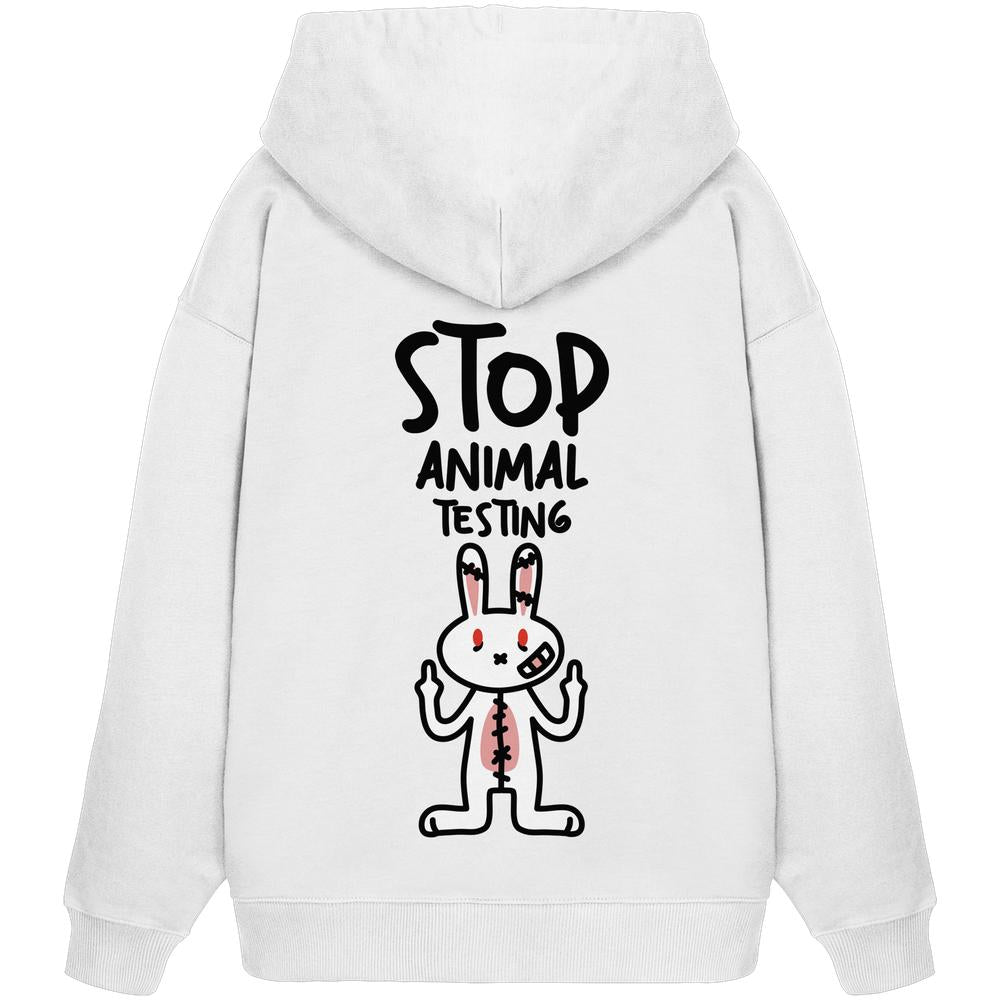 Heller Oversize-Hoodie mit Kapuze und Aufdruck „STOP ANIMAL TESTING“ mit Kaninchen