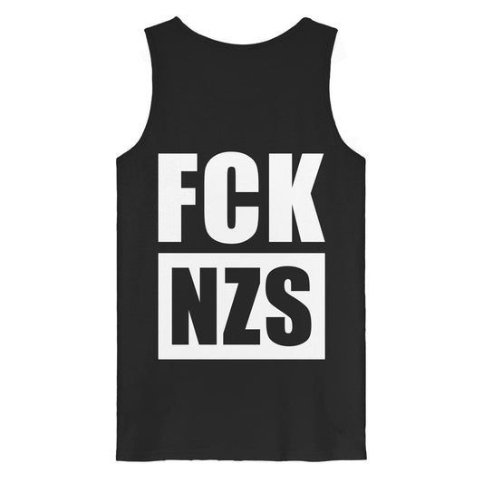 Ärmelloses, veganes Bio-Tanktop mit FCK NZS-Schriftzug auf dem Rücken, betont den Widerstand gegen Rechts; aus 100% Bio-Baumwolle.