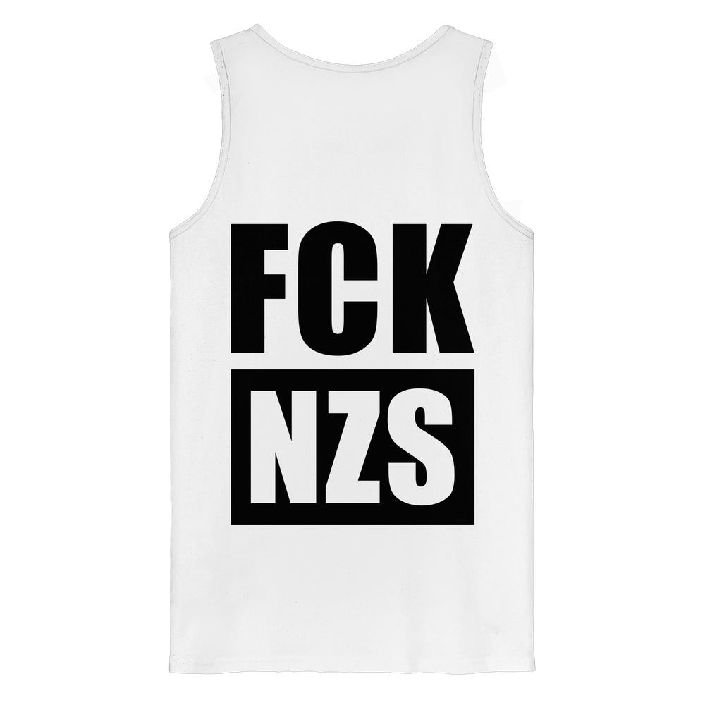 Ärmelloses weißes Tank Top mit großen schwarzen Buchstaben FCK NZS vorne, aus 100% Bio-Baumwolle. Design von RUDE REBEL, betont vegane und nachhaltige Werte.