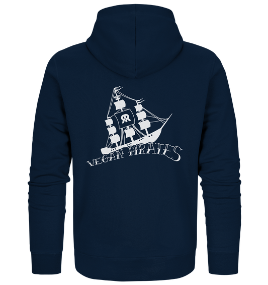 Vegan, Organic & Recycled Zipper Hoodie: Vegan Pirates (Piratenschiff und Oldschool Schriftzug) in dunkelblau