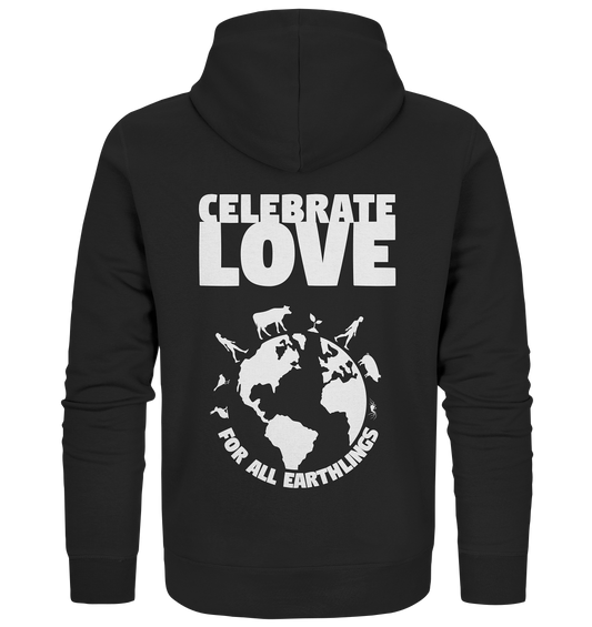 Vegan, Organic & Recycled Zipper: Celebrate Love For All Earthlings (bedruckt mit großem Schriftzug und darunter die Silhouette der Erde und ihren Lebewesen: vom Mensch, über die Pflanze bis hin zum Insekt und einem rundlichen Schriftzug darunter, Feminismus, Artenschutz, Naturschutz, Humanismus, Veganismus, LGBTQ) in schwarz