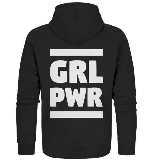 Vegan, Organic & Recycled Zipper Hoodie: GIRL POWER - Design mit feministischer Message (bedruckt mit GIRL POWER ohne Vokale und zwei fette Balken, Feminismus Merch, feministische Prints, feministische Kleidung, Gleichberechtigung für Frauen) in schwarz