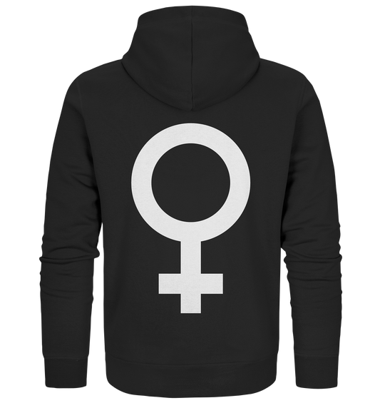 Vegan, Organic & Recycled Zipper Hoodie: Das Venus Symbol als Zeichen für den Feminismus (bedruckt mit Weiblichkeitssymbol Venus in der Mitte Feminismus Merch, feministische Kleidung, Matriarchat) in schwarz