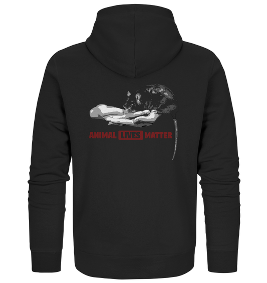 Vegan, Organic & Recycled Zipper Hoodie: ANIMAL LIVES MATTER - (schwarz) bedruckt mit Ratte, sanft in Händen gehalten im black and gray Look und darunter roter Schriftzug in schwarz. 