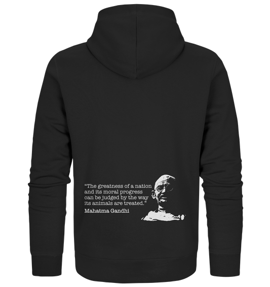 Vegan, Organic & Recycled Zipper Hoodie: Mahatma Gandhi - Vegan Quote (bedruckt mit Portrait von Gandhi in Schwarz Weiß und Zitat, Tierrechte, Tierschutz, Veganismus) in schwarz