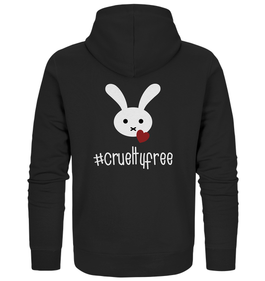 Vegan, Organic & Recycled Zipper Hoodie: Crueltyfree Bunny BIG (weißes süßes Häschen und rotes Herz mit Schriftzug, gegen Tierersuche in der Kosmetikindustrie, Vegan für die Tiere, Veganismus) in schwarz