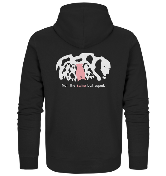 Vegan, Organic & Recycled Zipper Hoodie: Animal equality (Hundemama stillt Welpen und ein Ferkel, Hunde sind weiß mit Flecken, das Ferkel ist rosa, darunter Schriftzug in weiß und rosa) auf schwarz