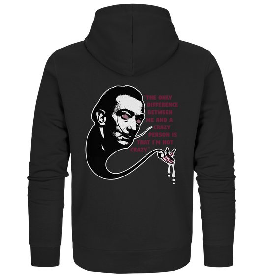 Vegan, Organic & Recycled Zipper Hoodie: Crazy Dali (Schwarz Weiß Portrait Salvador Dali und Zitat in Lila, Surrealismus) in schwarz