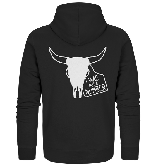 Vegan, Organic & Recycled Zipper Hoodie: I was not a number Rinderschädel mit Schild und Aufschrift, Tierschutz, Tierrechte) in schwarz