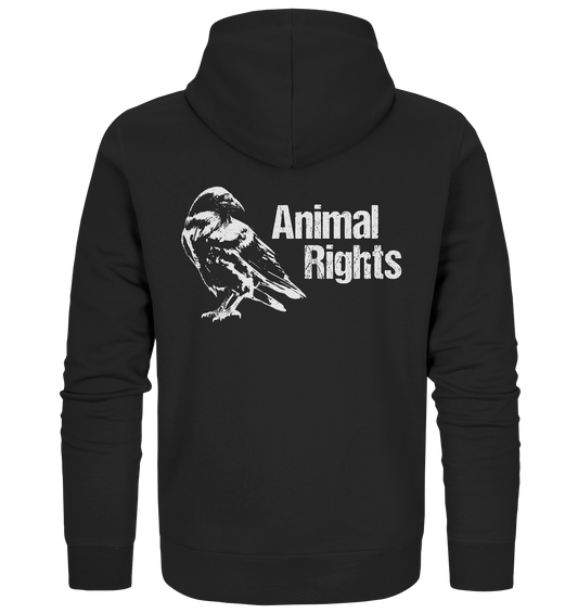 Vegan, Organic & Recycled Zipper Hoodie: Raven - Animal Rights (bedruckt mit Rabe im Schwellenwert - Stil und der Aufschrift "Animal Rights", Tierschutz, Tierrechte, Aktivismus) in der Farbe schwarz