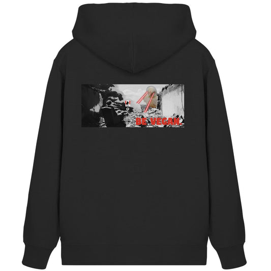 Rückansicht des Vegan und Bio Zipper Hoodie: BE VEGAN. - Angry bird, mit rebellischem Grafikmotiv und Slogan BE VEGAN auf dem Rücken.