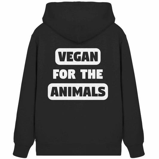 Vegan und Bio Zipper Hoodie mit dem Aufdruck VEGAN FOR THE ANIMALS, aus Bio-Baumwolle und recyceltem Polyester, mit Kängurutasche und Kapuze.