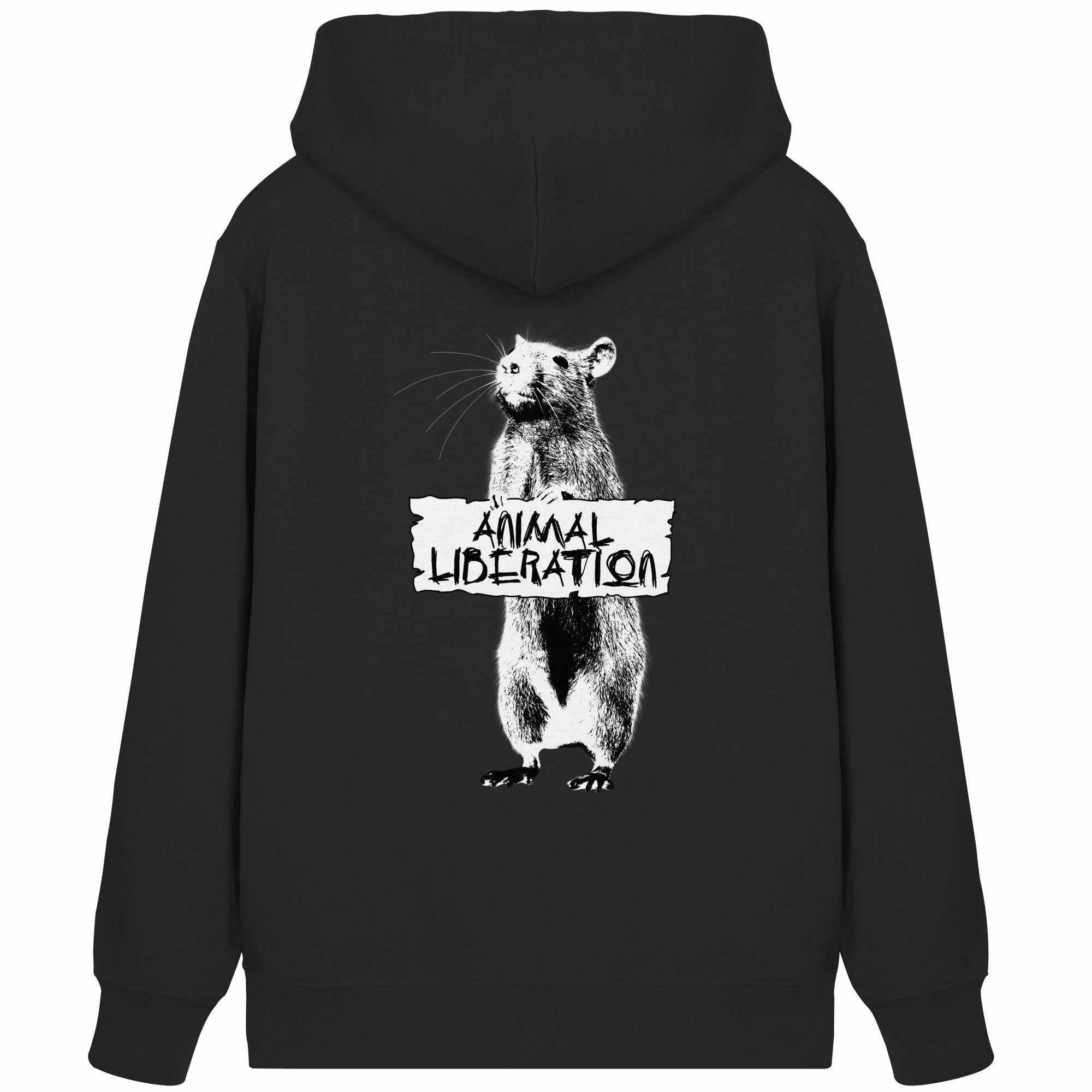 Vegan und Bio Zipper Hoodie: Rat for Animal Liberation, schwarzer Hoodie mit Bärenmotiv, inspiriert von Banksy's Street Art, aus Bio-Baumwolle und recyceltem Polyester.