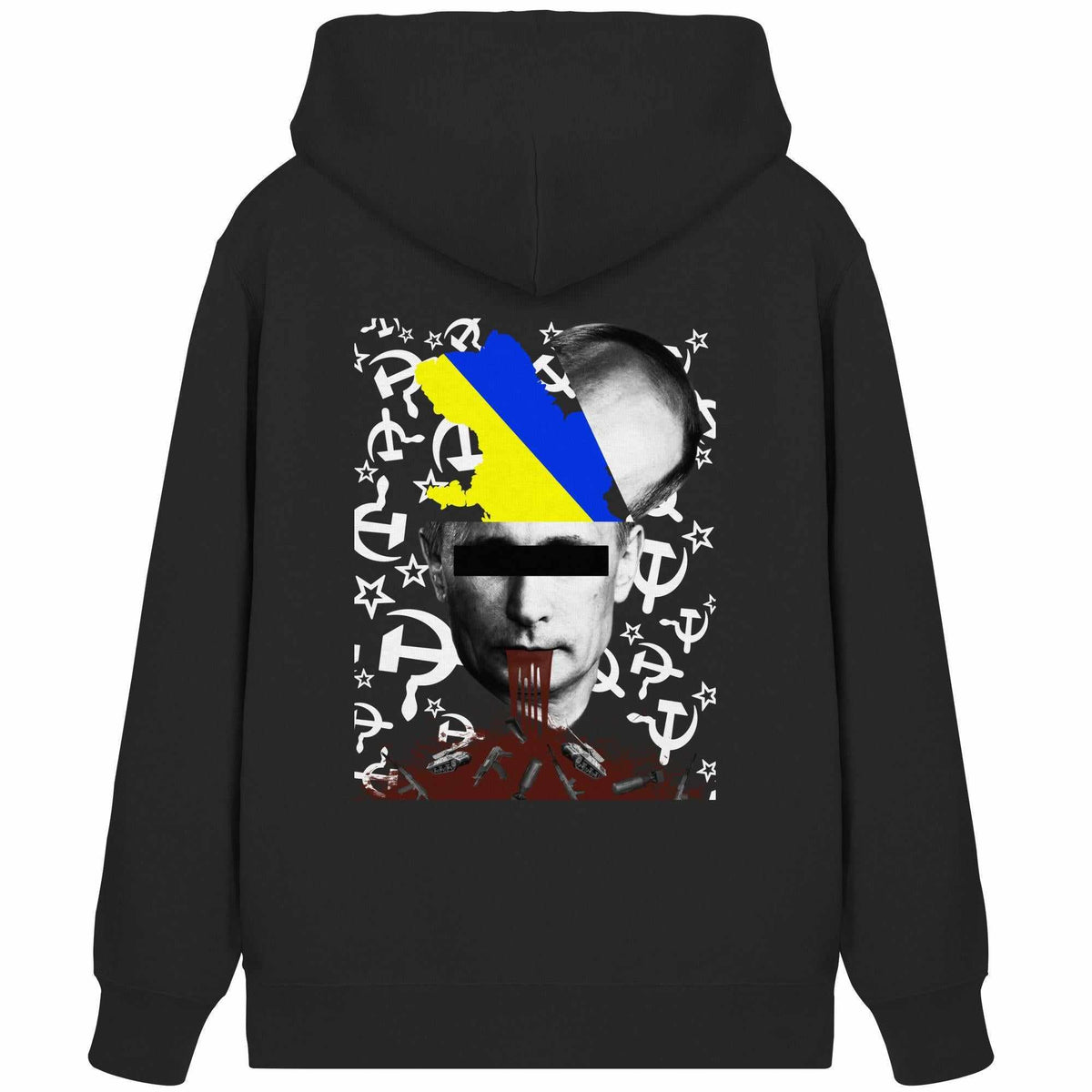 Schwarzer Kapuzenpullover mit Front-Grafikprint und ukrainischer Flagge im Quadrat