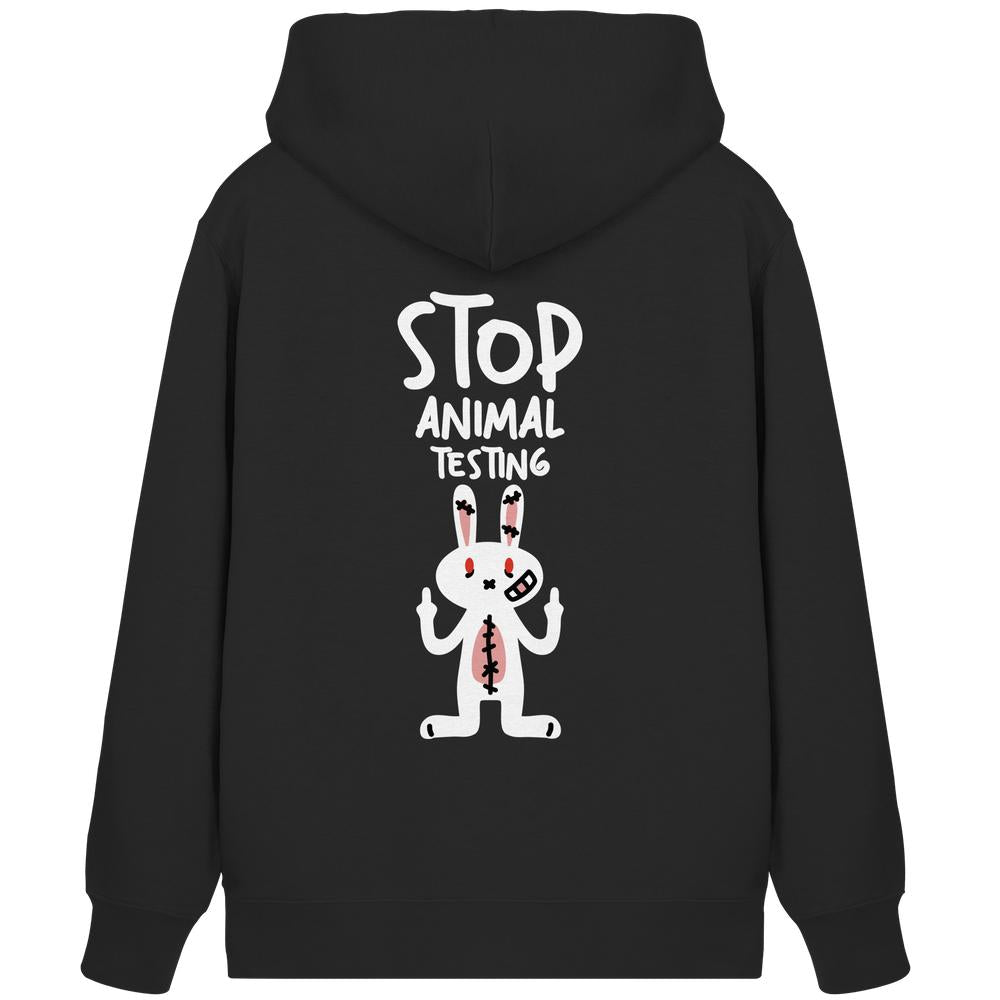 Reißverschluss-Hoodie in Schwarz mit Kapuze und Aufdruck „Stop Animal Testing“ mit Kaninchen-Motiv