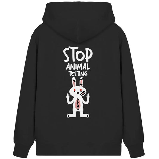 Schwarze Kapuzenjacke mit „Stop Animal Testing“-Hasen-Grafikdruck auf der Brust