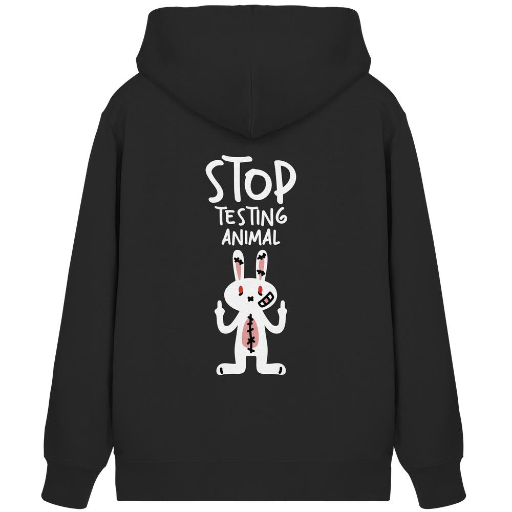Vegan und Bio Zipper Hoodie: Angry Rabbit - Animal Rights zeigt schwarzes Sweatshirt mit empörtem Cartoon-Hase, der gegen Tierversuche protestiert und Slogan STOP TESTING ANIMAL trägt.