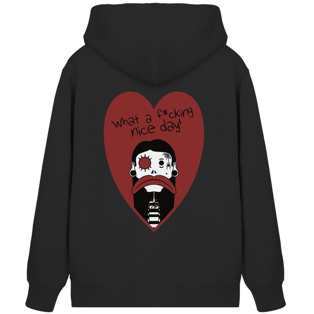 Kapuzen-Sweatshirt (schwarz) mit rotem Herz-Print und trauriger Figur auf der Rückseite