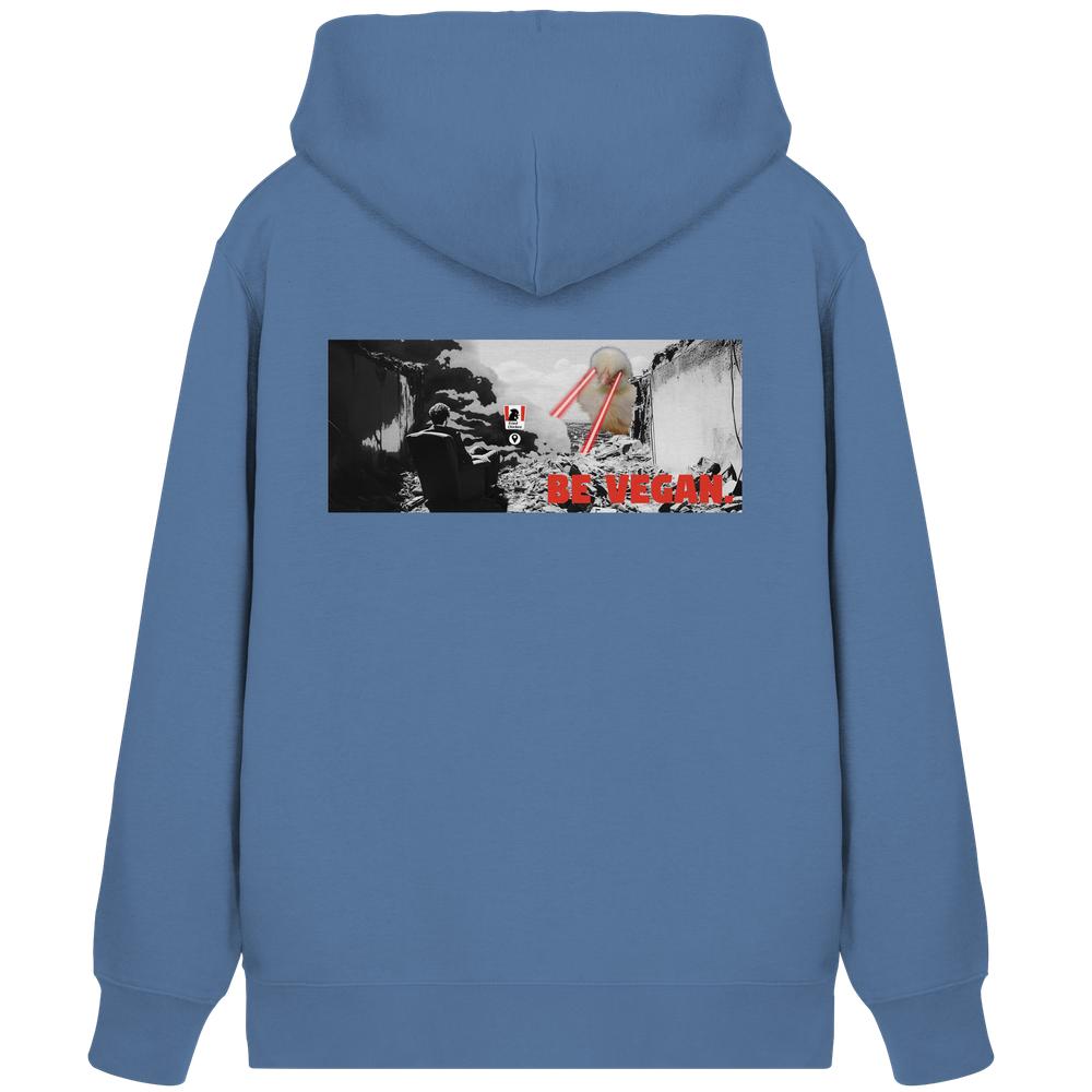 Vegan und Bio Zipper Hoodie: BE VEGAN. zeigt Grafik mit Mann in Ruinen, rotem Laser und BE VEGAN-Slogan. Nachhaltige Mode von RUDE REBEL.