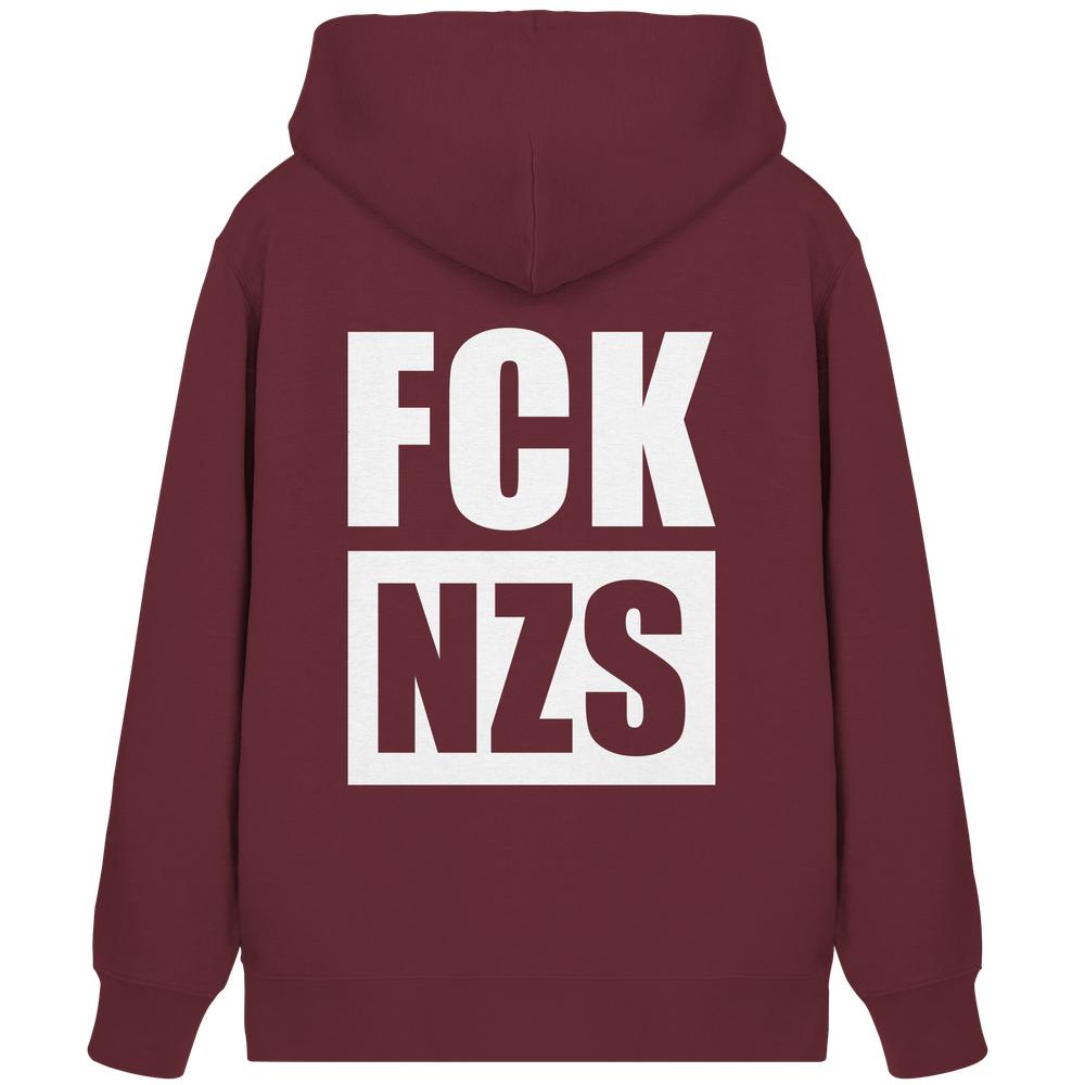 Rückansicht des Vegan und Bio Zipper Hoodies: FCK NZS mit großem, weißem Slogan FCK NZS auf der Rückseite, aus Bio-Baumwolle und recyceltem Polyester.