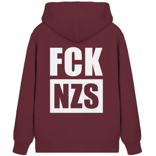 Rückansicht des Vegan und Bio Zipper Hoodies: FCK NZS mit großem, weißem Slogan FCK NZS auf der Rückseite, aus Bio-Baumwolle und recyceltem Polyester.