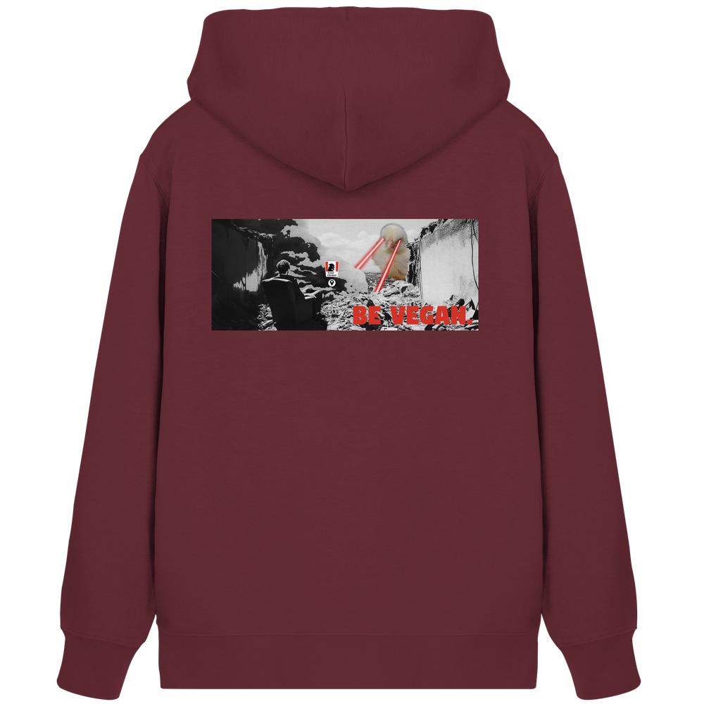 Vegan und Bio Zipper Hoodie: BE VEGAN. - Angry bird, mit Hühnerkopf und BE VEGAN-Slogan, reflektiert Tierrechte und Veganismus.