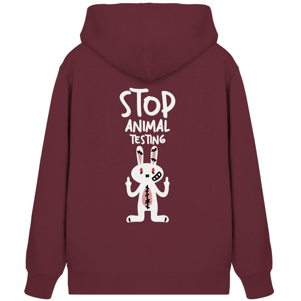Reißverschluss-Hoodie in Burgunderrot mit Kapuze und Aufdruck „Stop Animal Testing“ mit Kaninchen