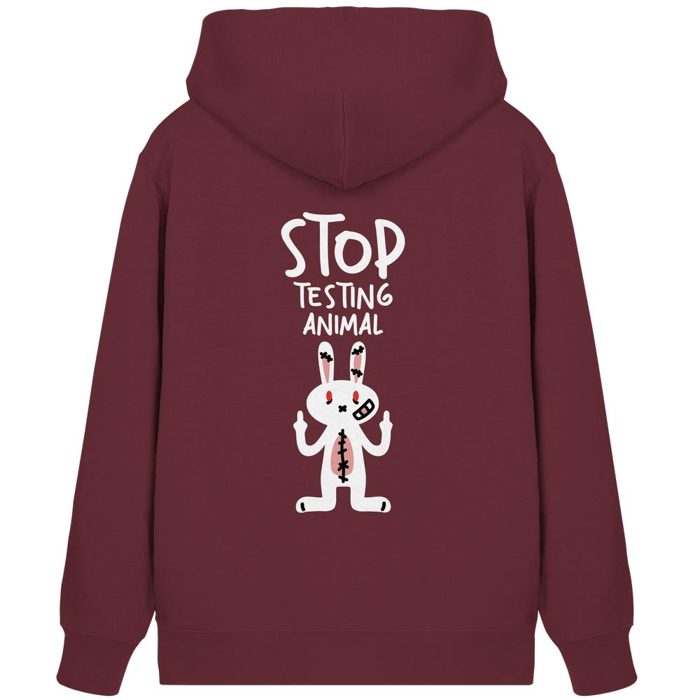 Burgundy Hoodie-Rückseite mit dem Slogan “STOP TESTING ANIMAL” und einem wütenden Cartoon-Hasen. Produkt: Vegan und Bio Zipper Hoodie: Angry Rabbit - Animal Rights.