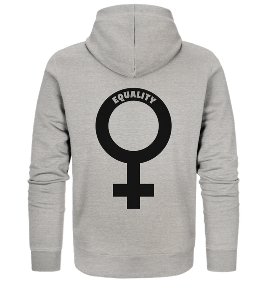 Vegan, Organic & Recycled Zipper Hoodie: Das Venussymbol mit feministischer Message (bedruckt mit Venus Symbol und dem Schriftzug "Equality", feministische Shirts, Feminismus, Feminismus Merch, feministische Kleidung, gegen das Patriarchat) in grau