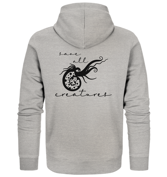 Vegan, Organic & Recycled Zipper Hoodie: Save All Creatures (bedruckt mit witziger Meeresschnecke und Schriftzug, Rettet die Meere, Schützt die Meereslebewesen, Veganismus, Vegan Merch) in grau