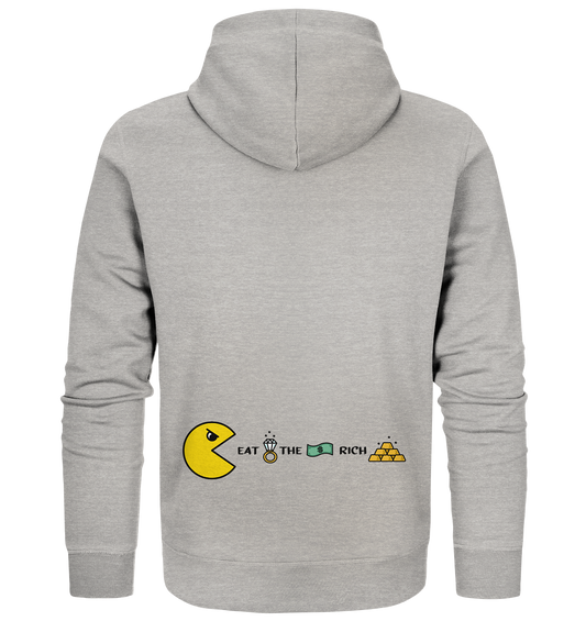 Vegan, Organic & Recycled Zipper Hoodie: PAC-MAN - Eat the rich (bedruckt mit PAC-MAN, der einen Diamantring, Geldschein und Goldbarren + Schriftzug isst, das Design befindet sich zwischen Hals und Brust) auf grau