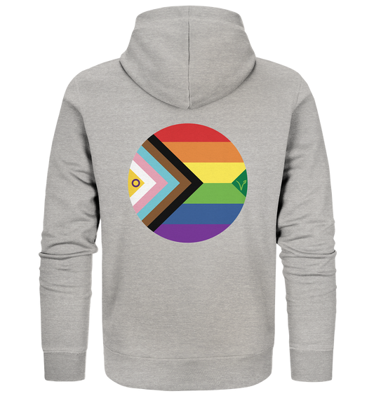 Vegan, Organic & Recycled Zipper Hoodie: LGBTQAI+ VEGAN BIG (Queer Fahne in Kreisform und ein V für Veganismus, Solidarität, Veganismus, LGBTQ Community) in grau meliert