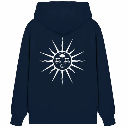 Dunkelblauer Hoodie mit Kapuze und Reißverschluss; Sonne mit Augenmotiv auf der Brust