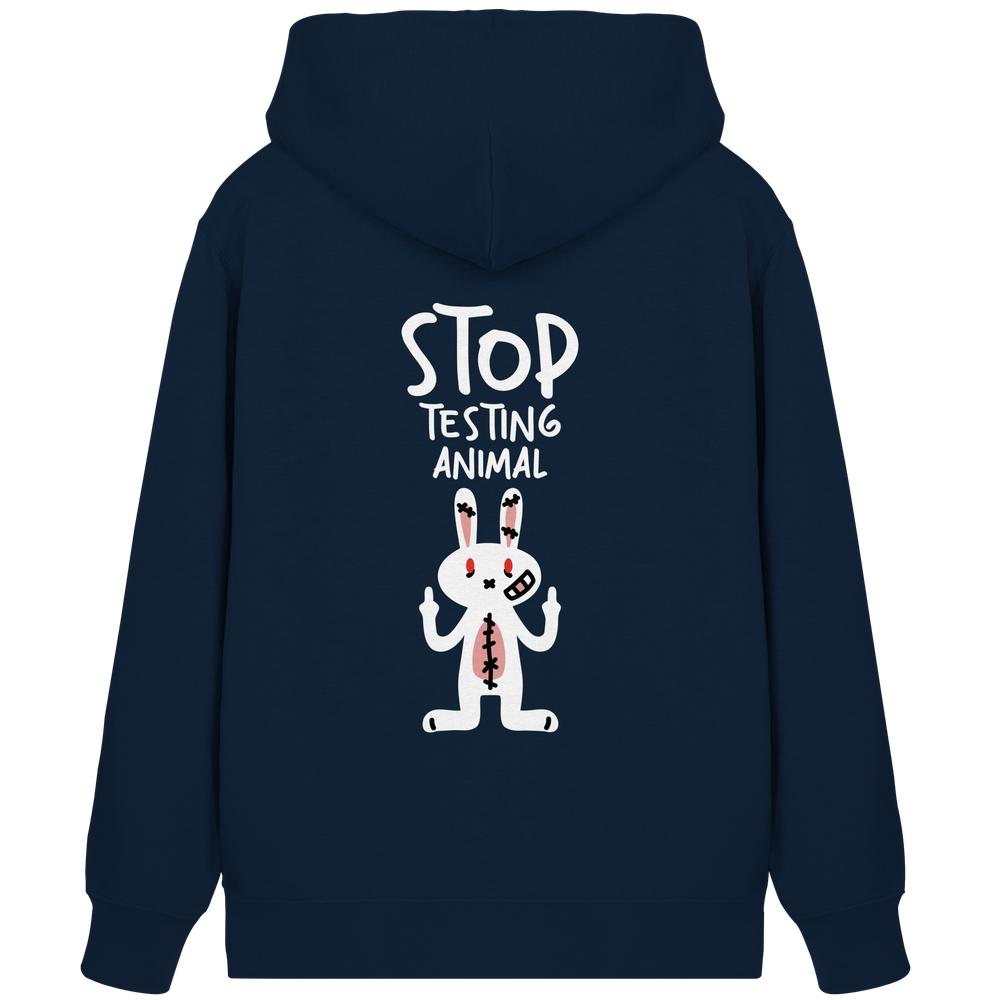 Rückseite des Vegan und Bio Zipper Hoodie: Angry Rabbit - Animal Rights mit weißem Slogan „STOP TESTING ANIMAL“ und rebellischem Cartoon-Hasen mit erhobenen Mittelfingern.