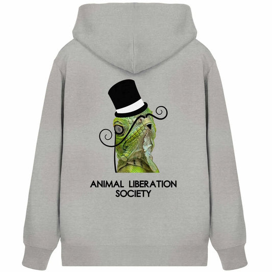 Vegane Bio-Zipper-Hoodie in Heather Grau mit Kapuze und Reptilprint „Animal Liberation Society“